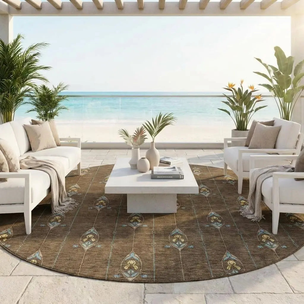8' Chocolate And Gold Round Geometric Washable Indoor Outdoor Area Rug Homeroots Outdoor