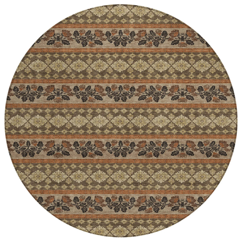 8' Chocolate And Gold Round Striped Washable Indoor Outdoor Area Rug Homeroots Outdoor