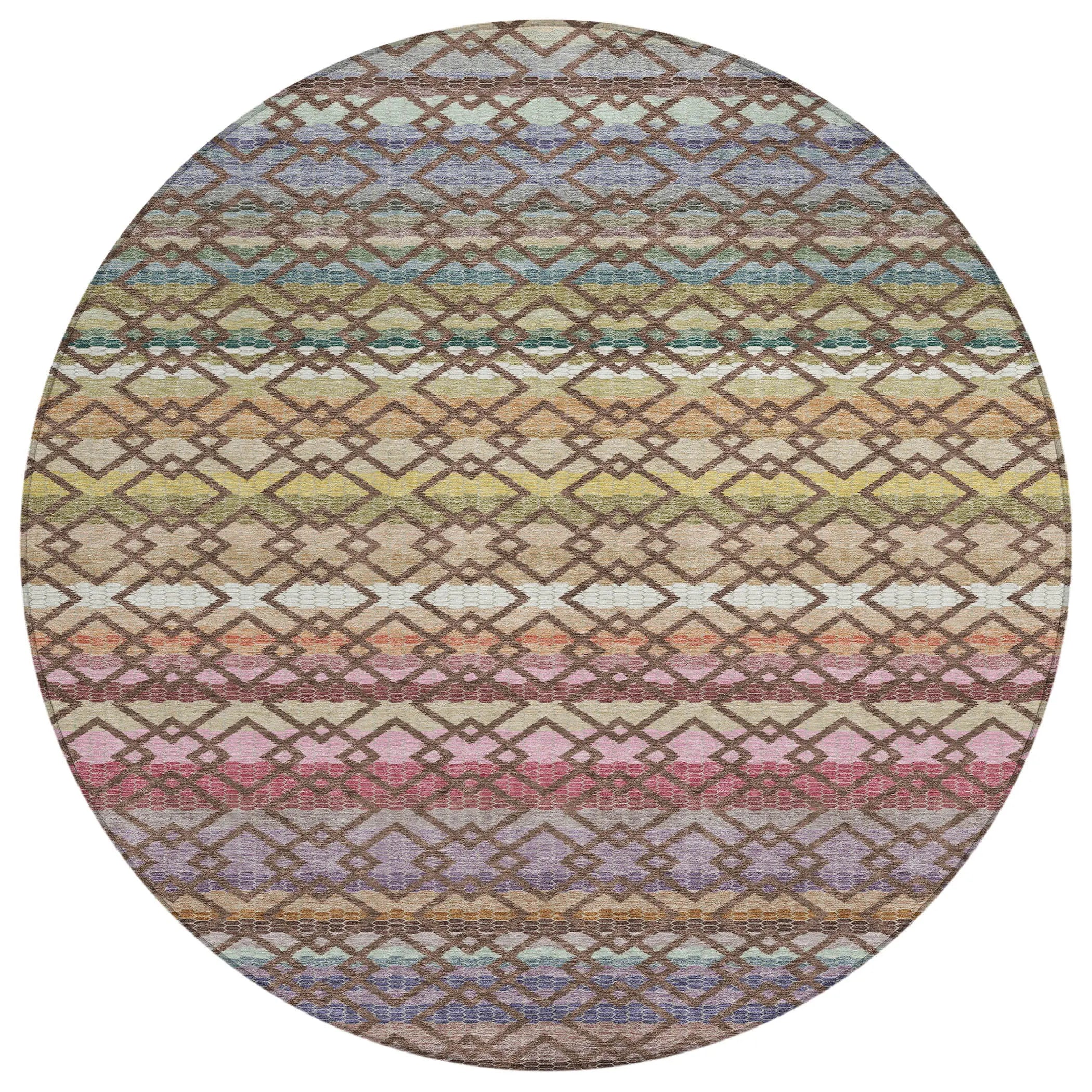 8' Chocolate And Gold Round Striped Washable Indoor Outdoor Area Rug Homeroots Outdoor