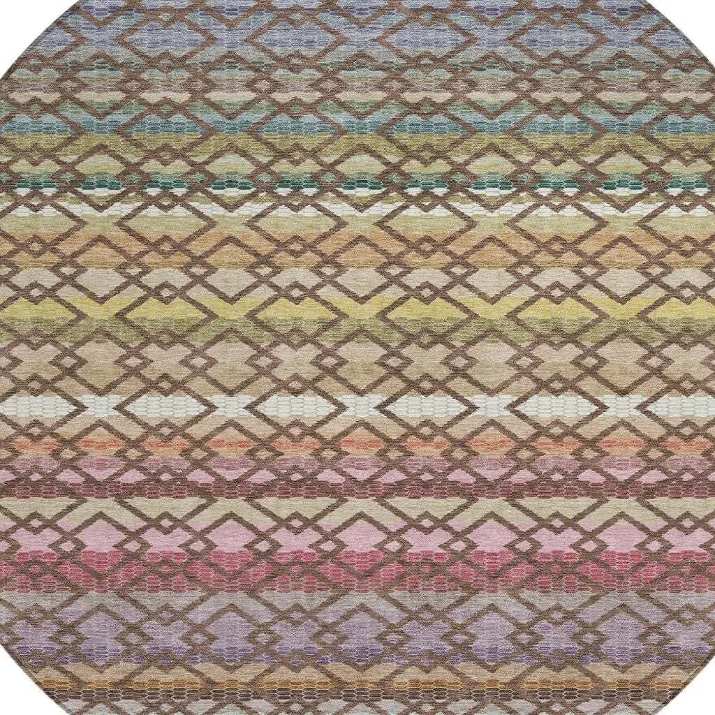 8' Chocolate And Gold Round Striped Washable Indoor Outdoor Area Rug Homeroots Outdoor