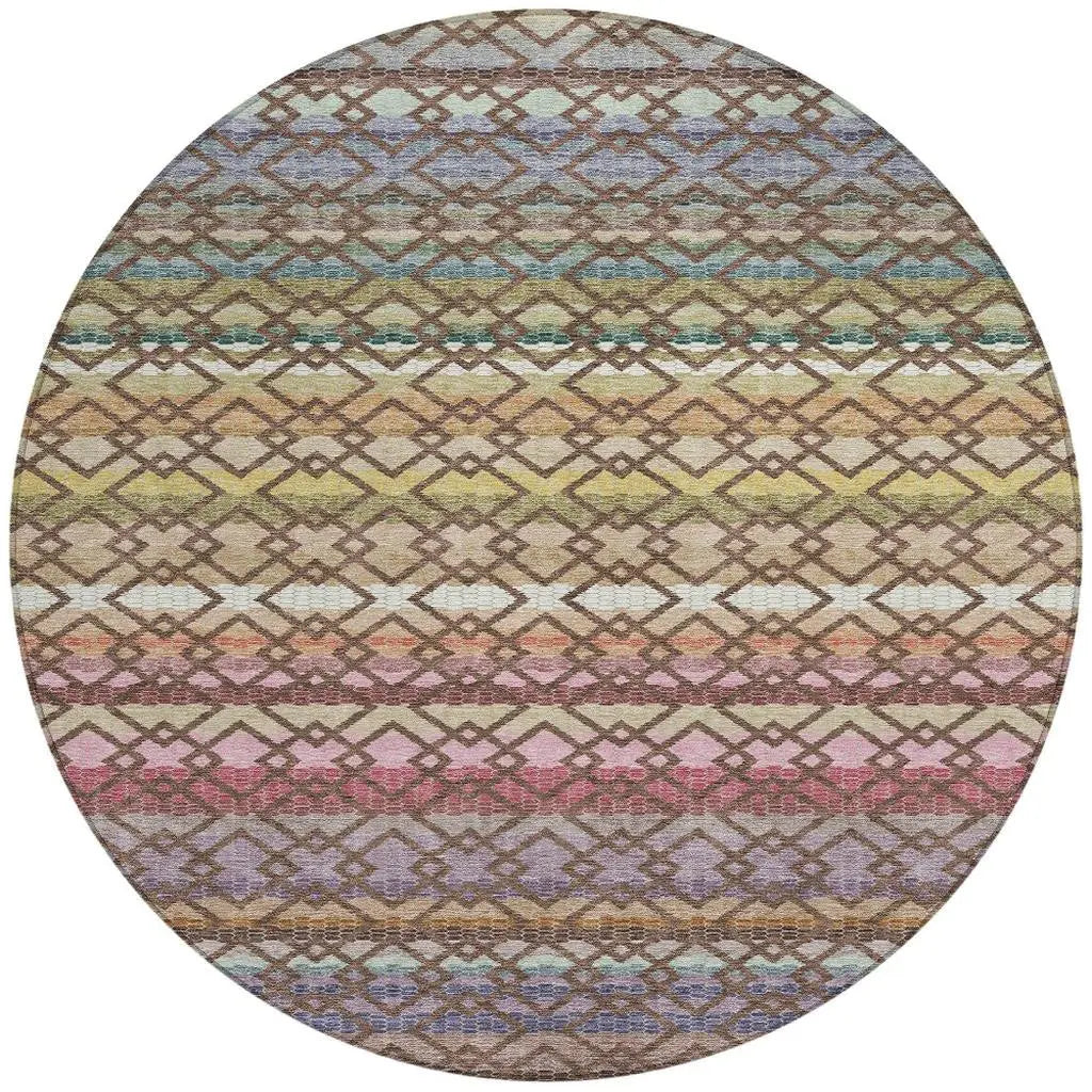 8' Chocolate And Gold Round Striped Washable Indoor Outdoor Area Rug Homeroots Outdoor