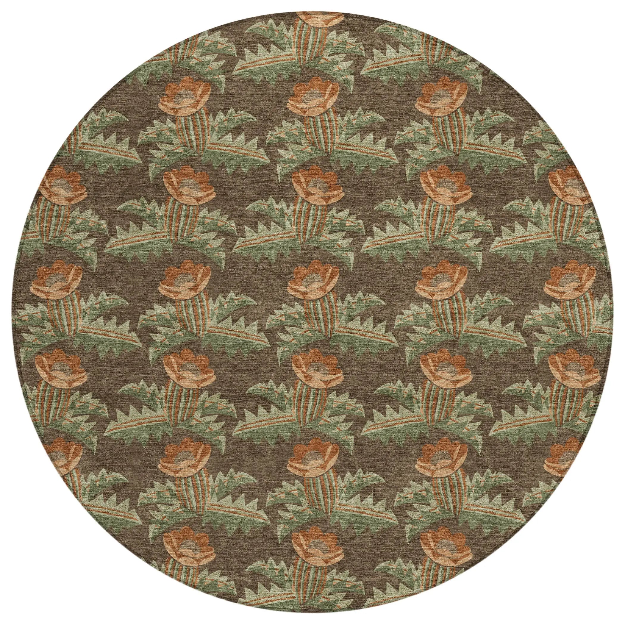 8' Chocolate And Graphite Round Floral Washable Indoor Outdoor Area Rug Homeroots Outdoor