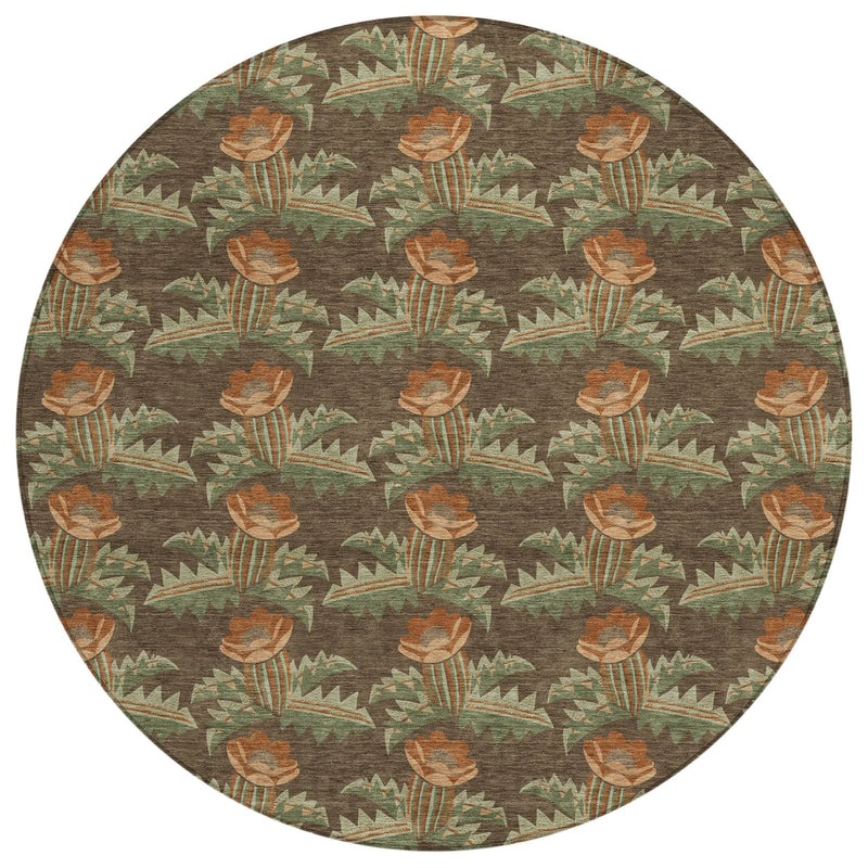 8' Chocolate And Graphite Round Floral Washable Indoor Outdoor Area Rug Homeroots Outdoor