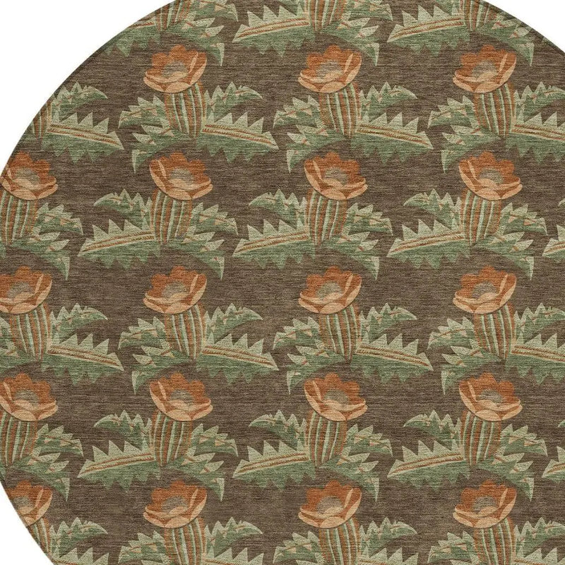 8' Chocolate And Graphite Round Floral Washable Indoor Outdoor Area Rug Homeroots Outdoor