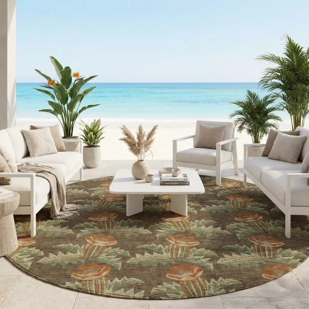 8' Chocolate And Graphite Round Floral Washable Indoor Outdoor Area Rug Homeroots Outdoor
