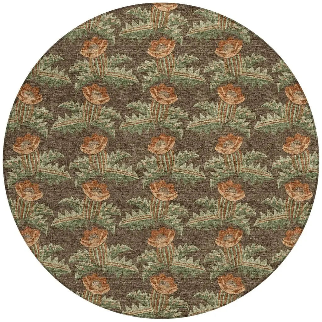 8' Chocolate And Graphite Round Floral Washable Indoor Outdoor Area Rug Homeroots Outdoor