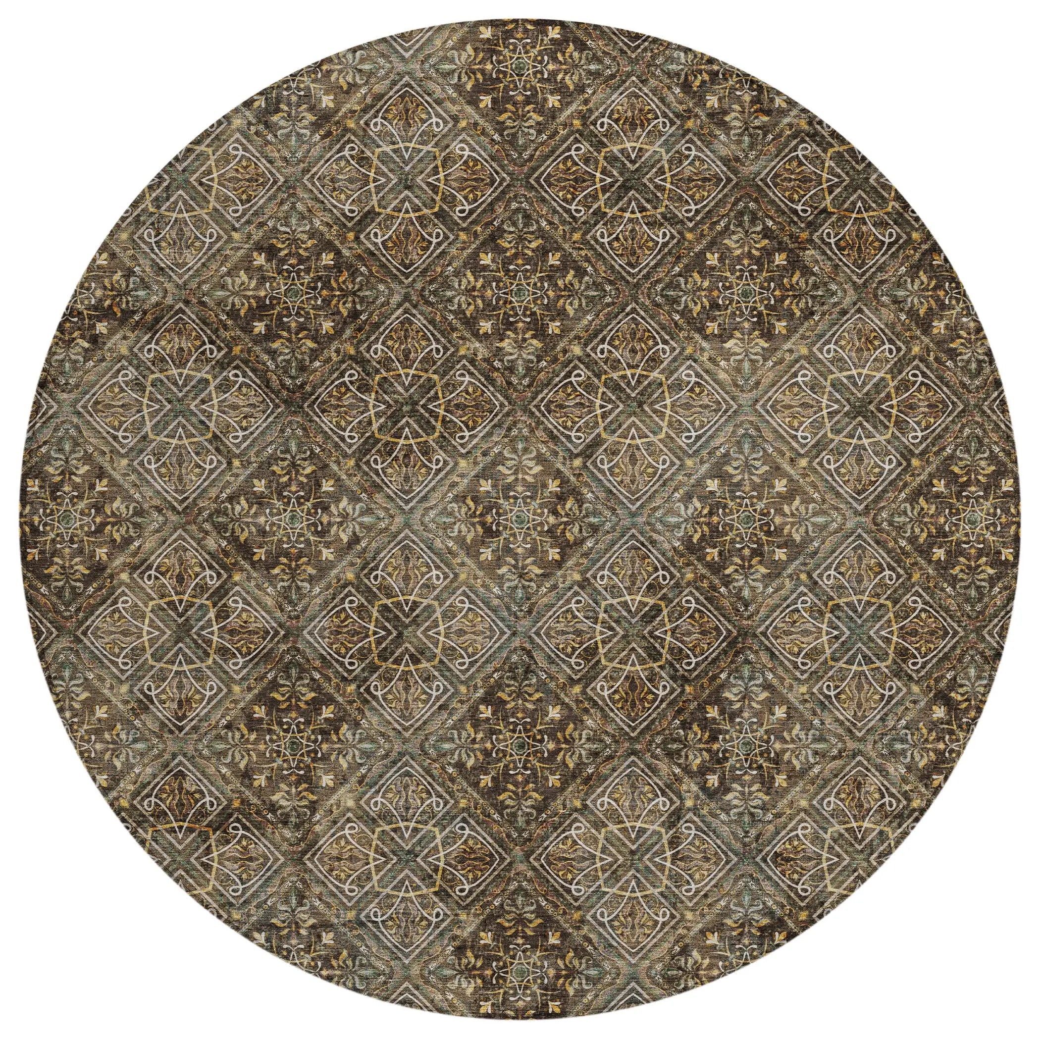 8' Chocolate And Gray Round Geometric Washable Indoor Outdoor Area Rug Homeroots Outdoor