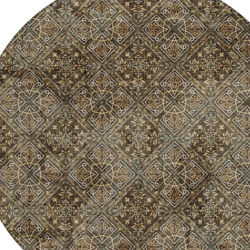 8' Chocolate And Gray Round Geometric Washable Indoor Outdoor Area Rug Homeroots Outdoor