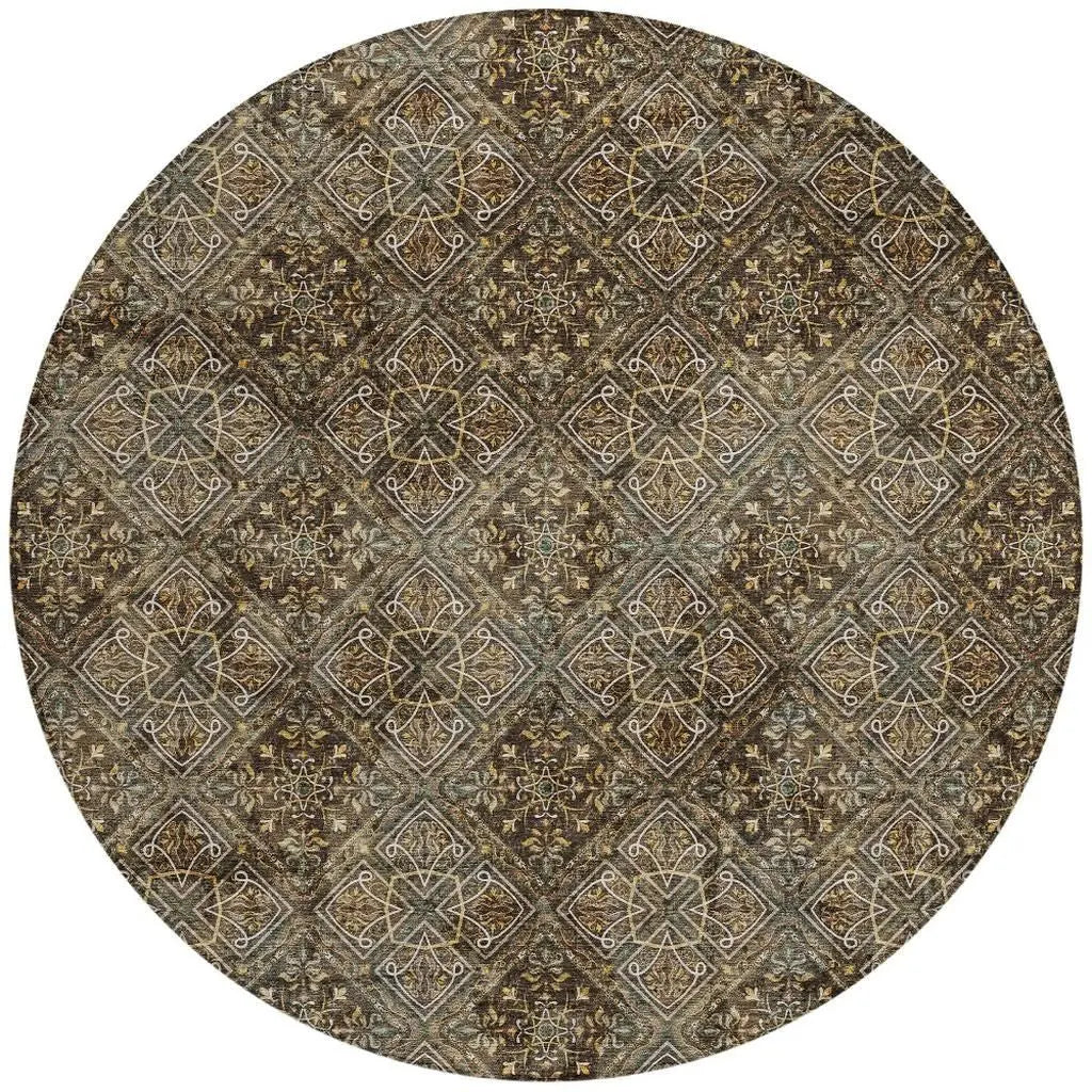 8' Chocolate And Gray Round Geometric Washable Indoor Outdoor Area Rug Homeroots Outdoor