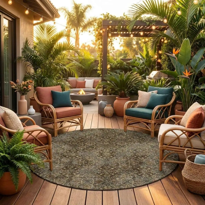8' Chocolate And Gray Round Geometric Washable Indoor Outdoor Area Rug Homeroots Outdoor