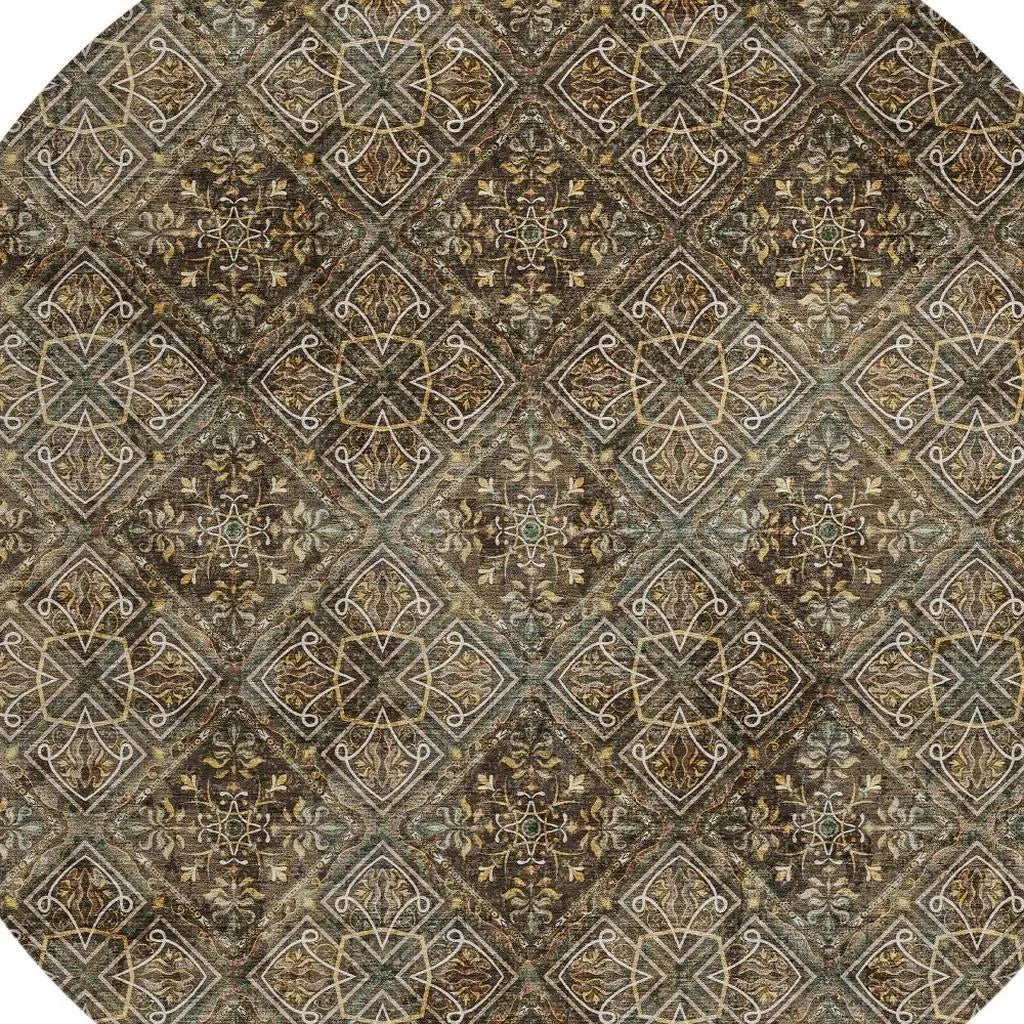 8' Chocolate And Gray Round Geometric Washable Indoor Outdoor Area Rug Homeroots Outdoor