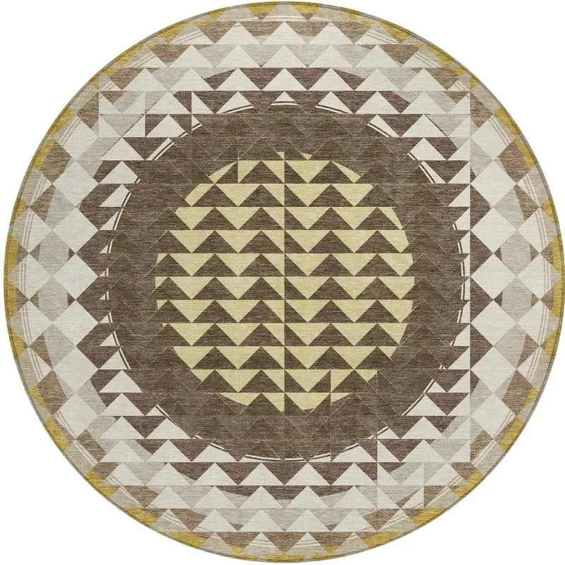 8' Chocolate And Green Round Geometric Washable Indoor Outdoor Area Rug Homeroots Outdoor