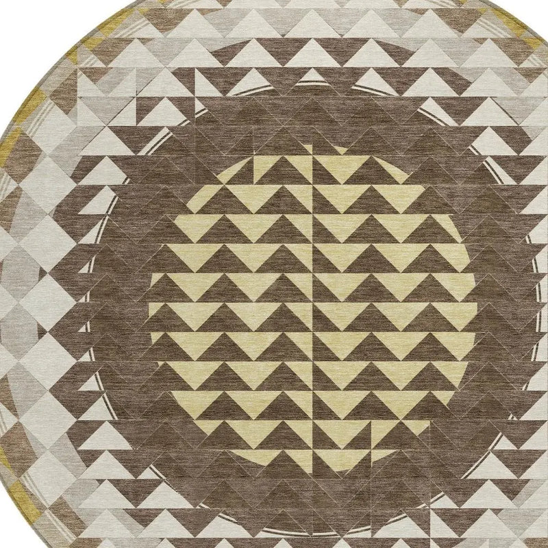 8' Chocolate And Green Round Geometric Washable Indoor Outdoor Area Rug Homeroots Outdoor