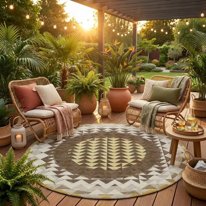 8' Chocolate And Green Round Geometric Washable Indoor Outdoor Area Rug Homeroots Outdoor