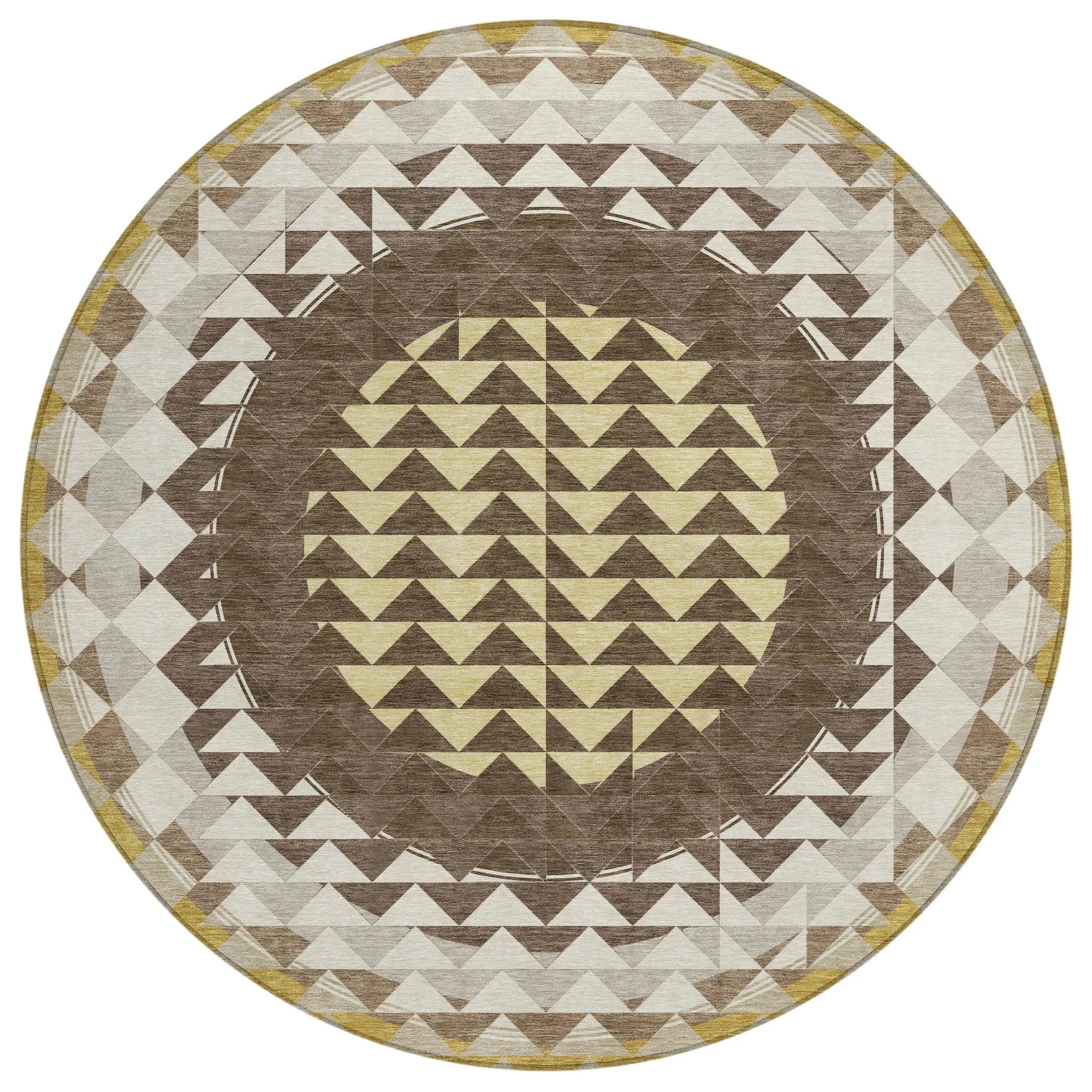 8' Chocolate And Green Round Geometric Washable Indoor Outdoor Area Rug Homeroots Outdoor