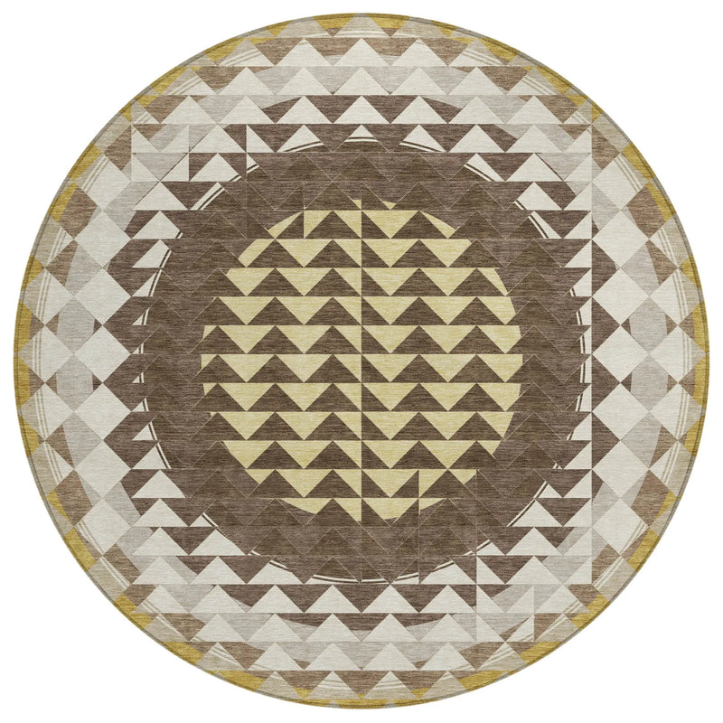 8' Chocolate And Green Round Geometric Washable Indoor Outdoor Area Rug Homeroots Outdoor