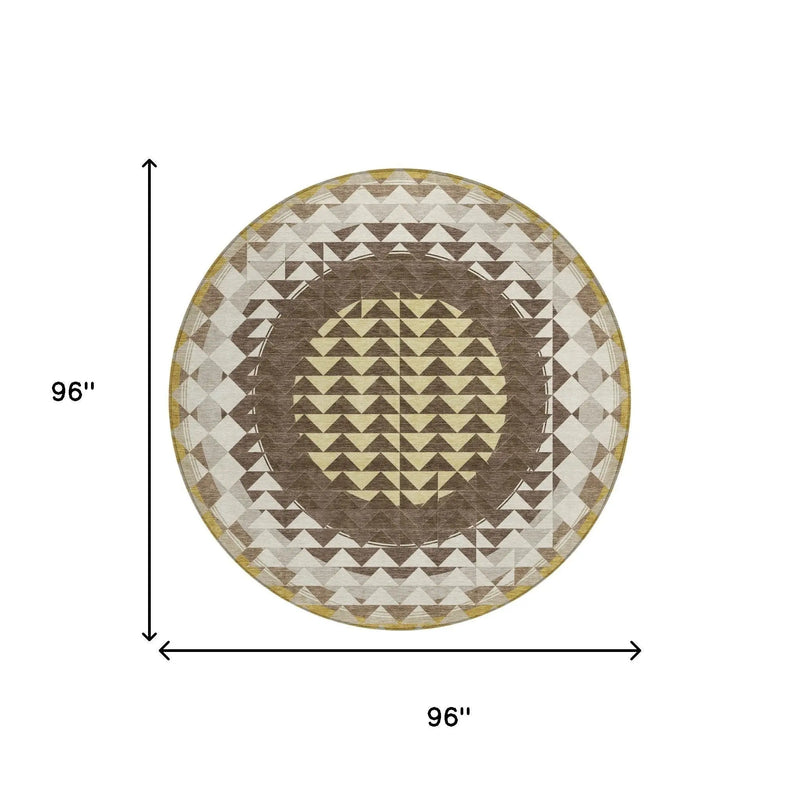 8' Chocolate And Green Round Geometric Washable Indoor Outdoor Area Rug Homeroots Outdoor