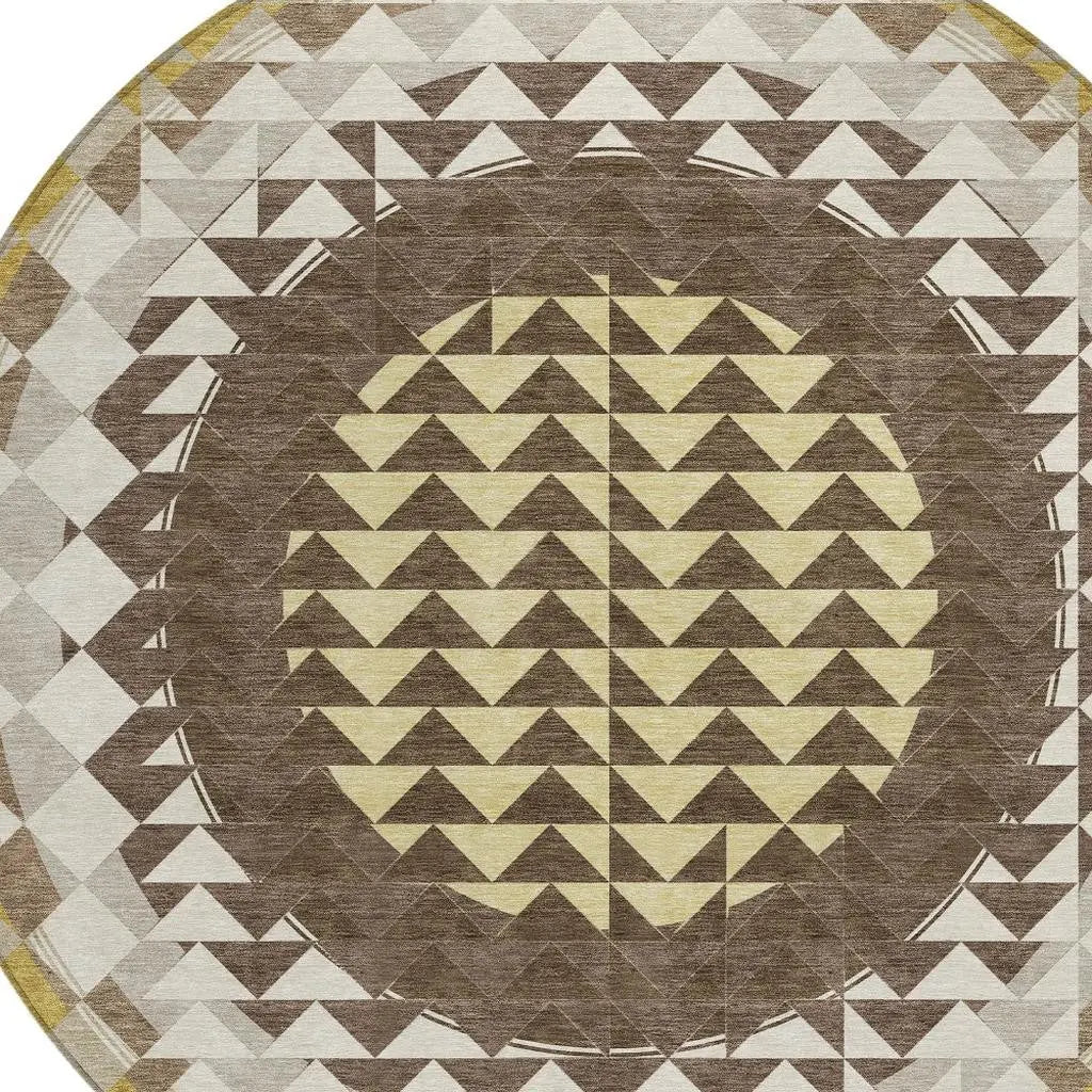 8' Chocolate And Green Round Geometric Washable Indoor Outdoor Area Rug Homeroots Outdoor