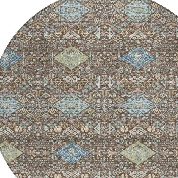 8' Chocolate And Green Round Oriental Washable Indoor Outdoor Area Rug Homeroots Outdoor