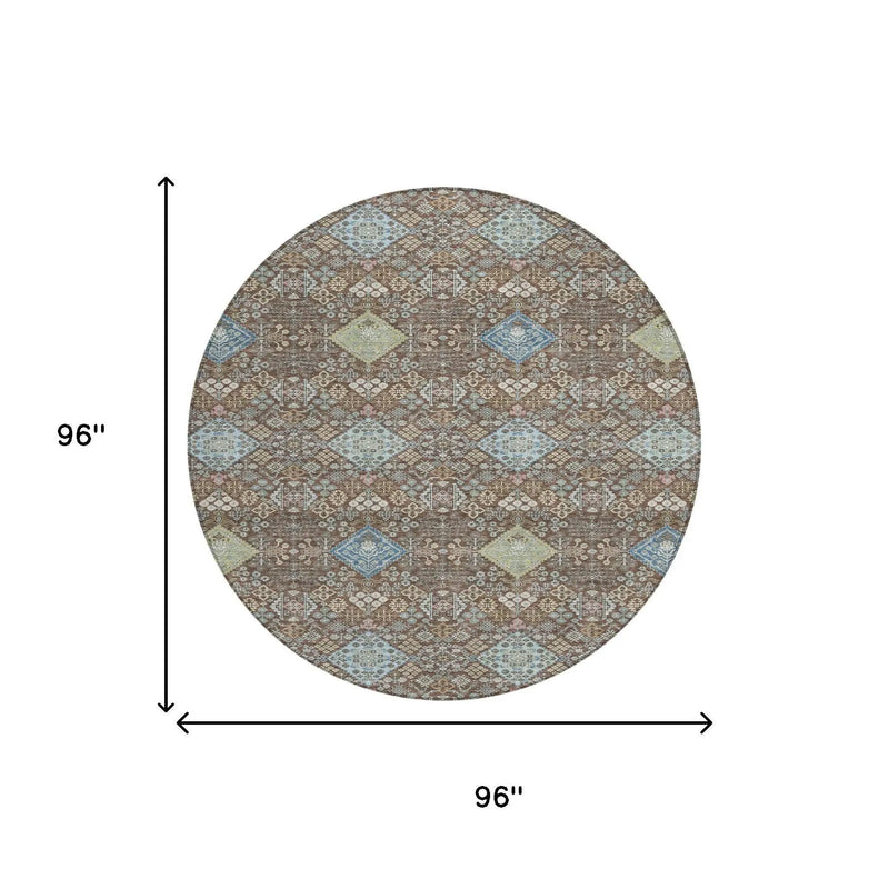 8' Chocolate And Green Round Oriental Washable Indoor Outdoor Area Rug Homeroots Outdoor