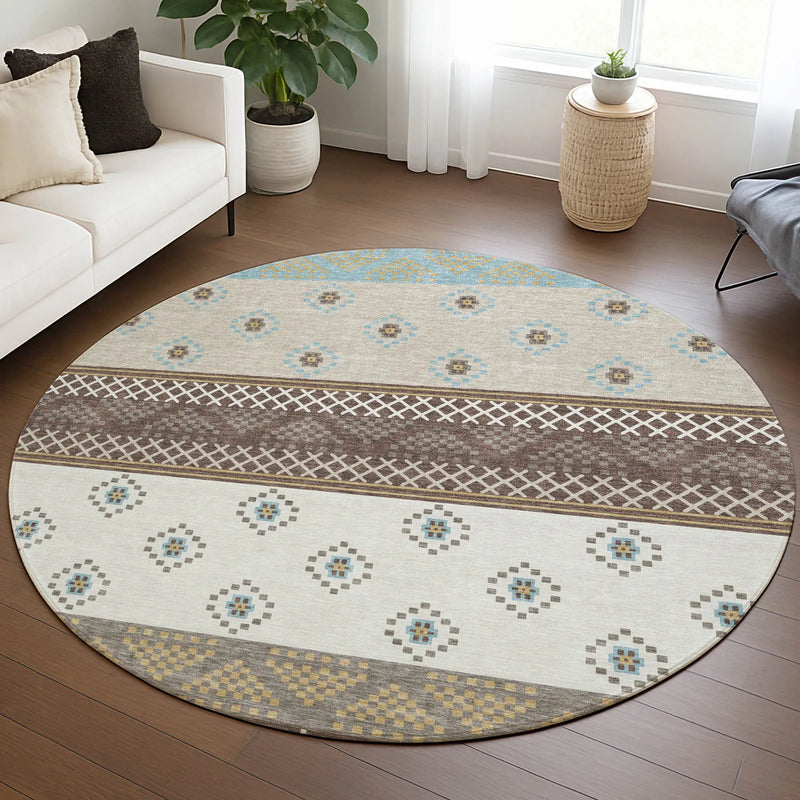 8' Chocolate And Green Round Striped Washable Indoor Outdoor Area Rug Homeroots Outdoor