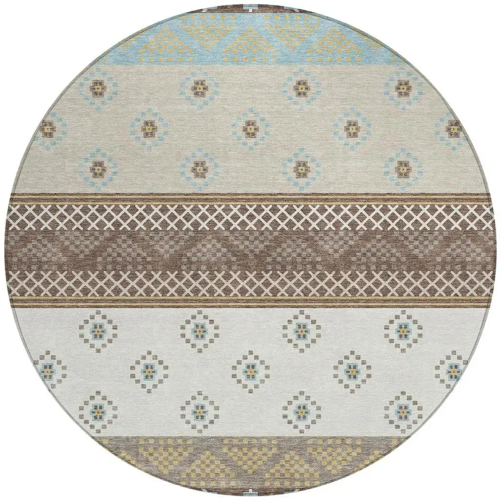 8' Chocolate And Green Round Striped Washable Indoor Outdoor Area Rug Homeroots Outdoor