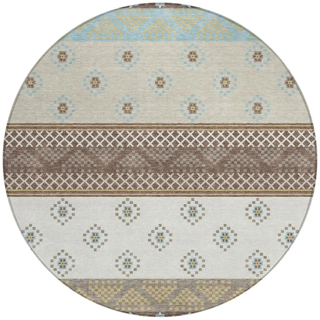 8' Chocolate And Green Round Striped Washable Indoor Outdoor Area Rug Homeroots Outdoor