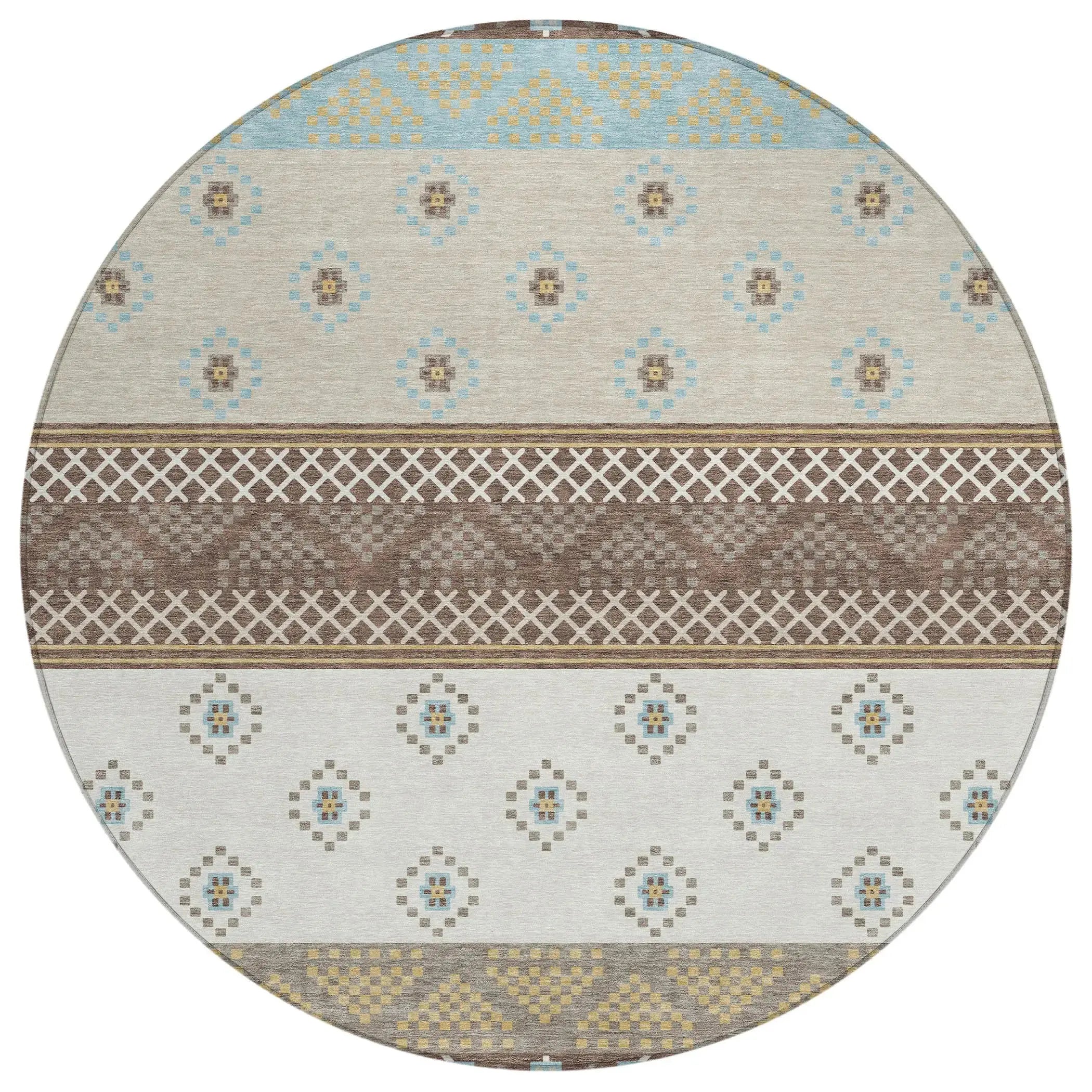 8' Chocolate And Green Round Striped Washable Indoor Outdoor Area Rug Homeroots Outdoor