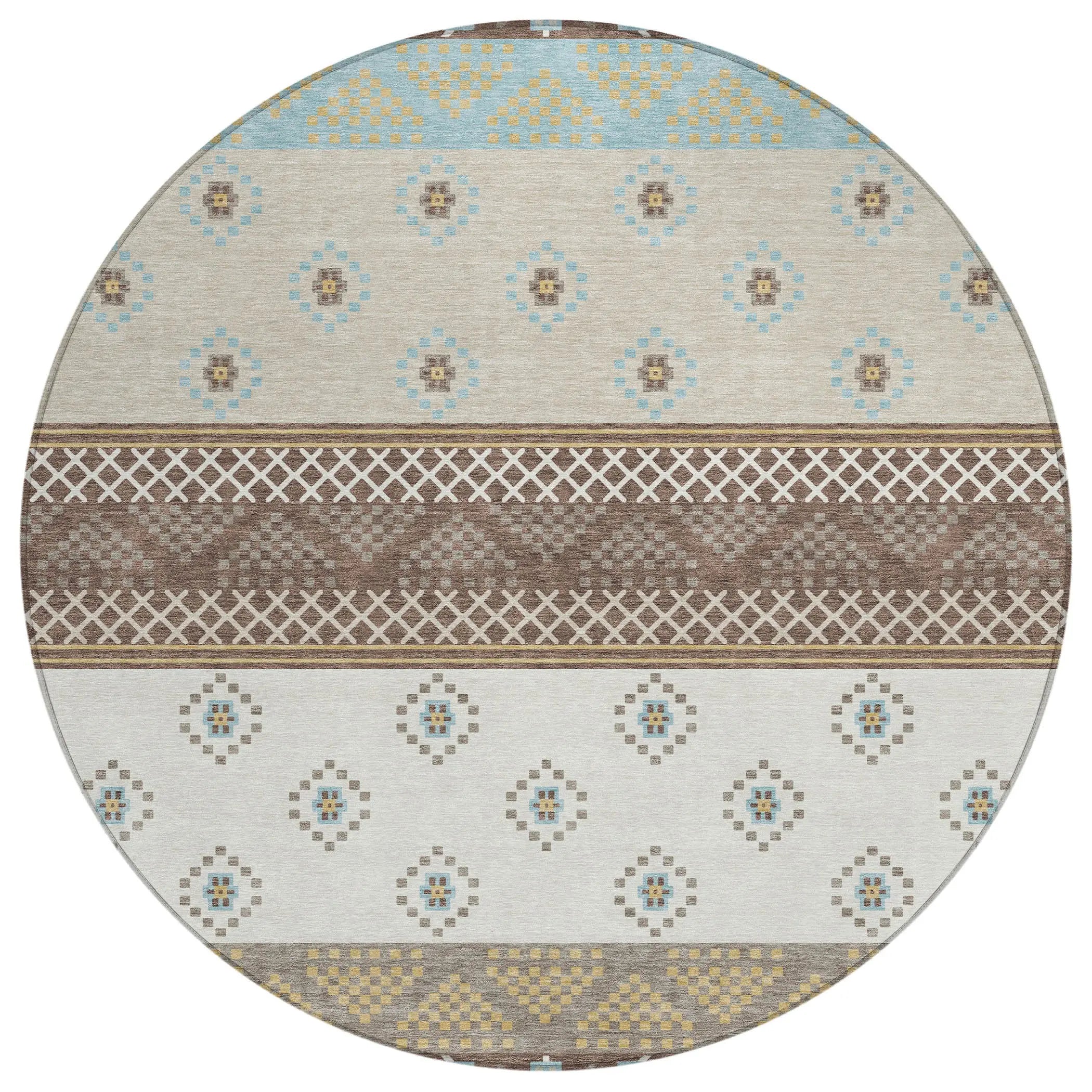 8' Chocolate And Green Round Striped Washable Indoor Outdoor Area Rug Homeroots Outdoor