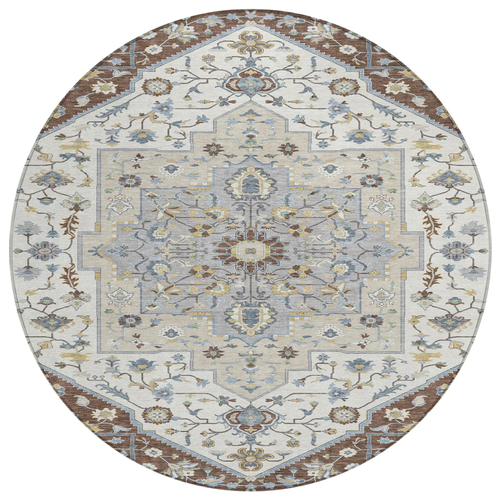 8' Chocolate And Ivory Round Floral Medallion Washable Indoor Outdoor Area Rug Homeroots Outdoor