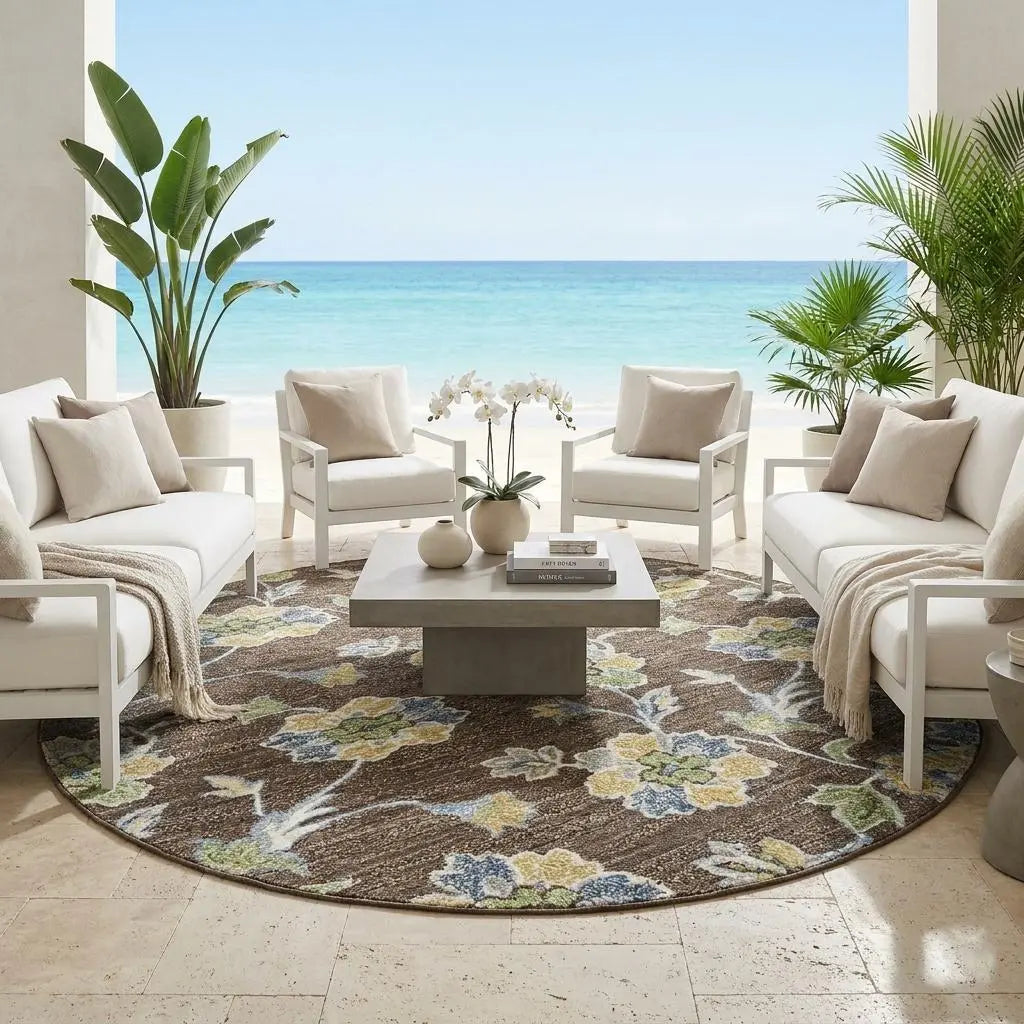 8' Chocolate And Ivory Round Floral Medallion Washable Indoor Outdoor Area Rug Homeroots Outdoor