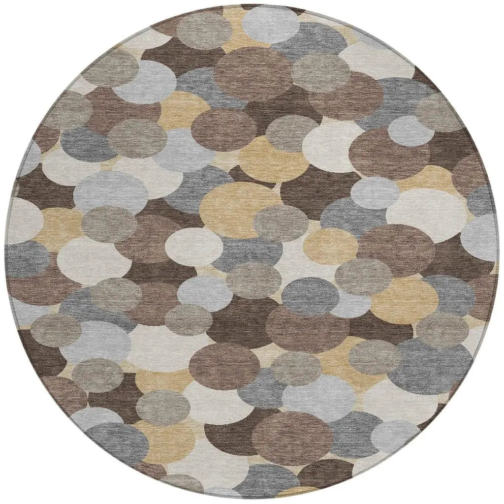 8' Chocolate And Ivory Round Geometric Washable Indoor Outdoor Area Rug Homeroots Outdoor