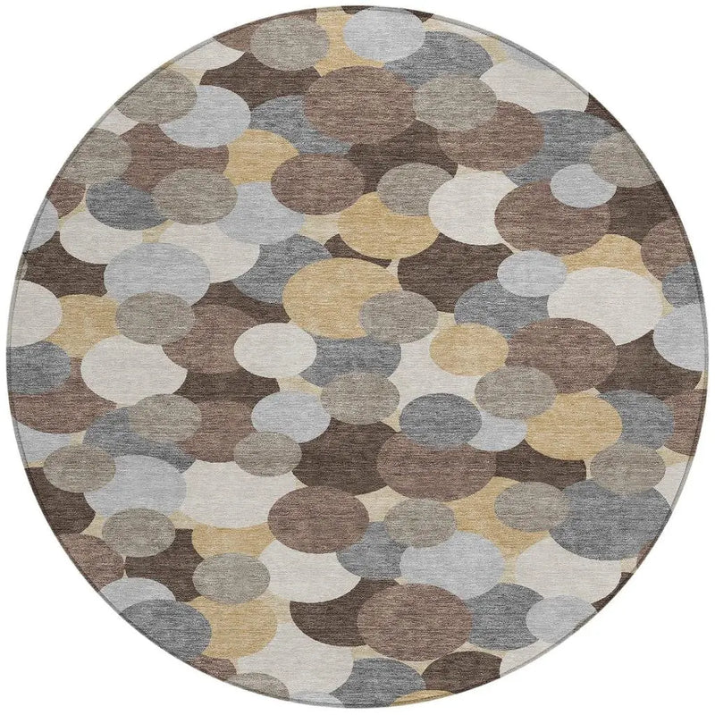 8' Chocolate And Ivory Round Geometric Washable Indoor Outdoor Area Rug Homeroots Outdoor