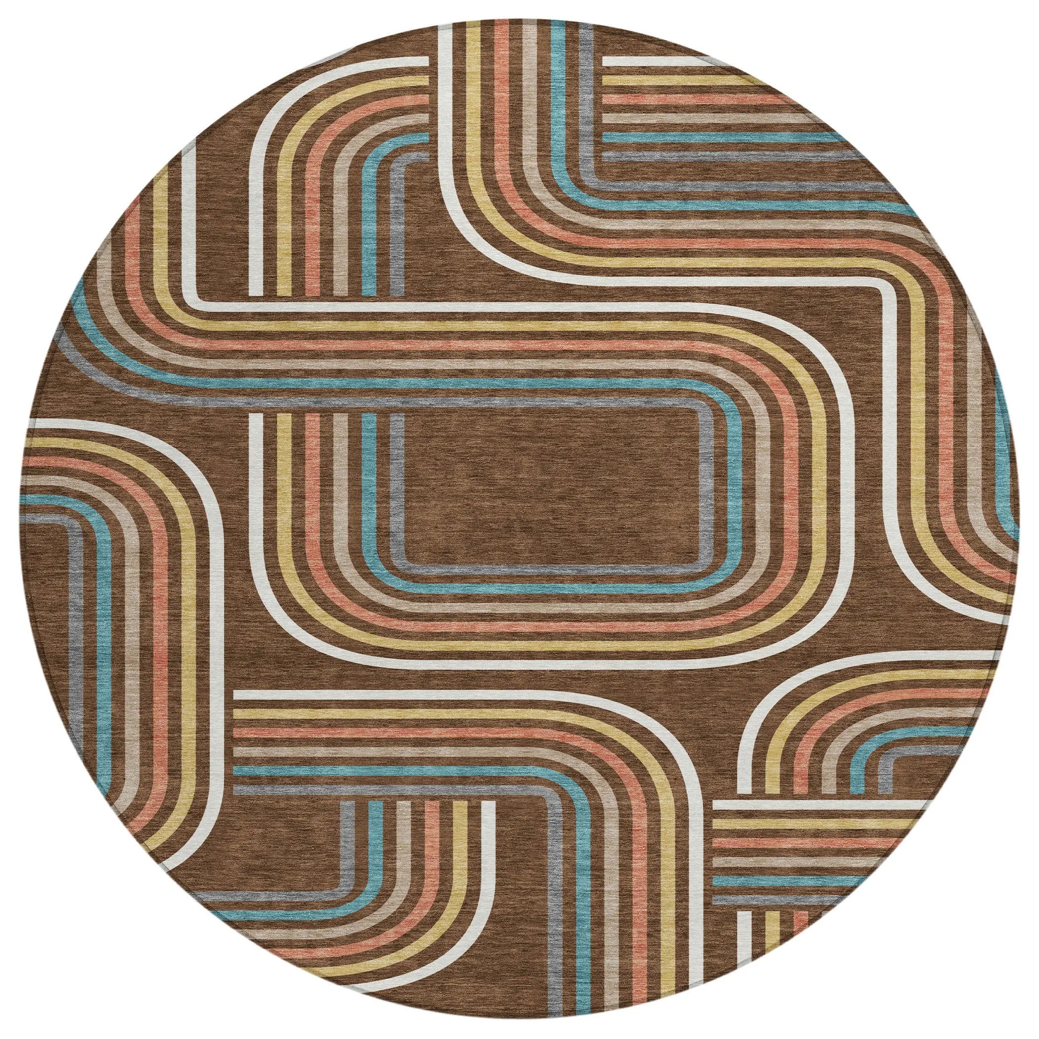 8' Chocolate And Ivory Round Geometric Washable Indoor Outdoor Area Rug Homeroots Outdoor