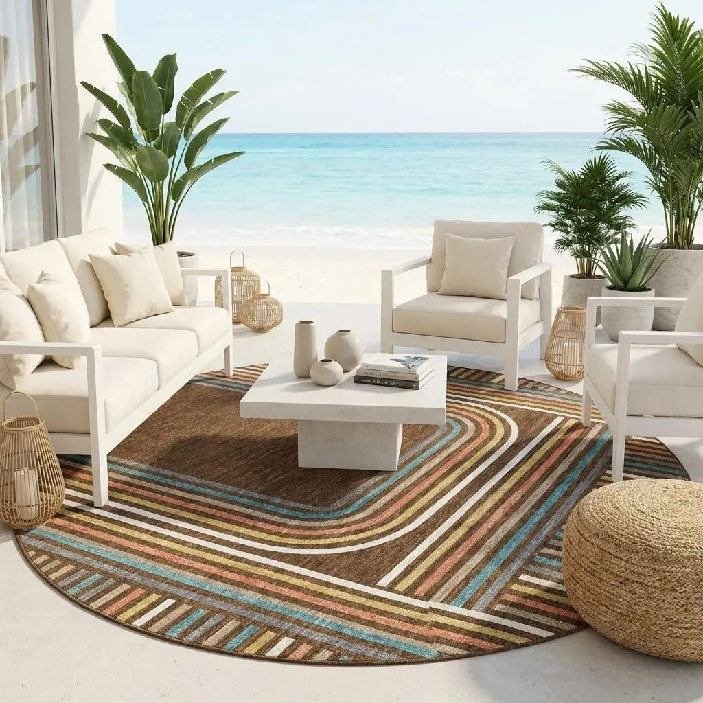 8' Chocolate And Ivory Round Geometric Washable Indoor Outdoor Area Rug Homeroots Outdoor