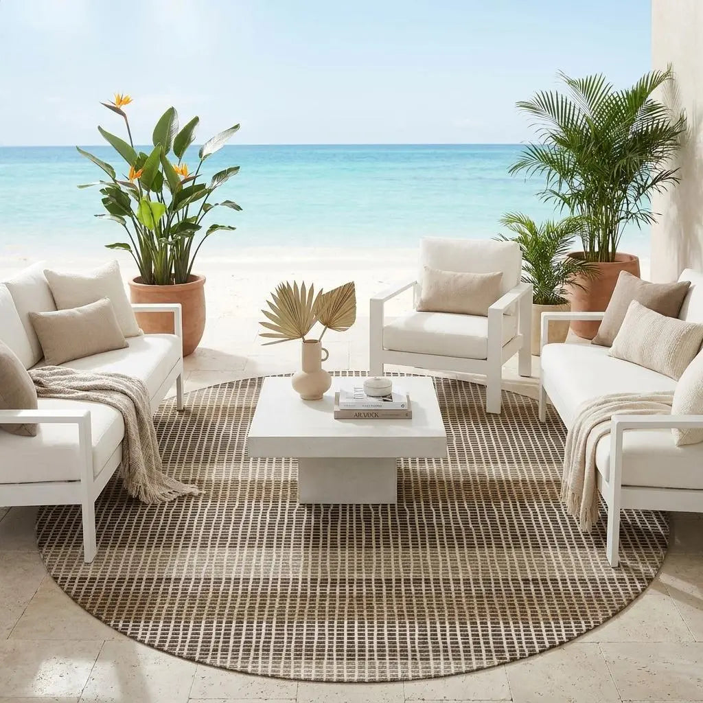 8' Chocolate And Ivory Round Striped Washable Indoor Outdoor Area Rug Homeroots Outdoor