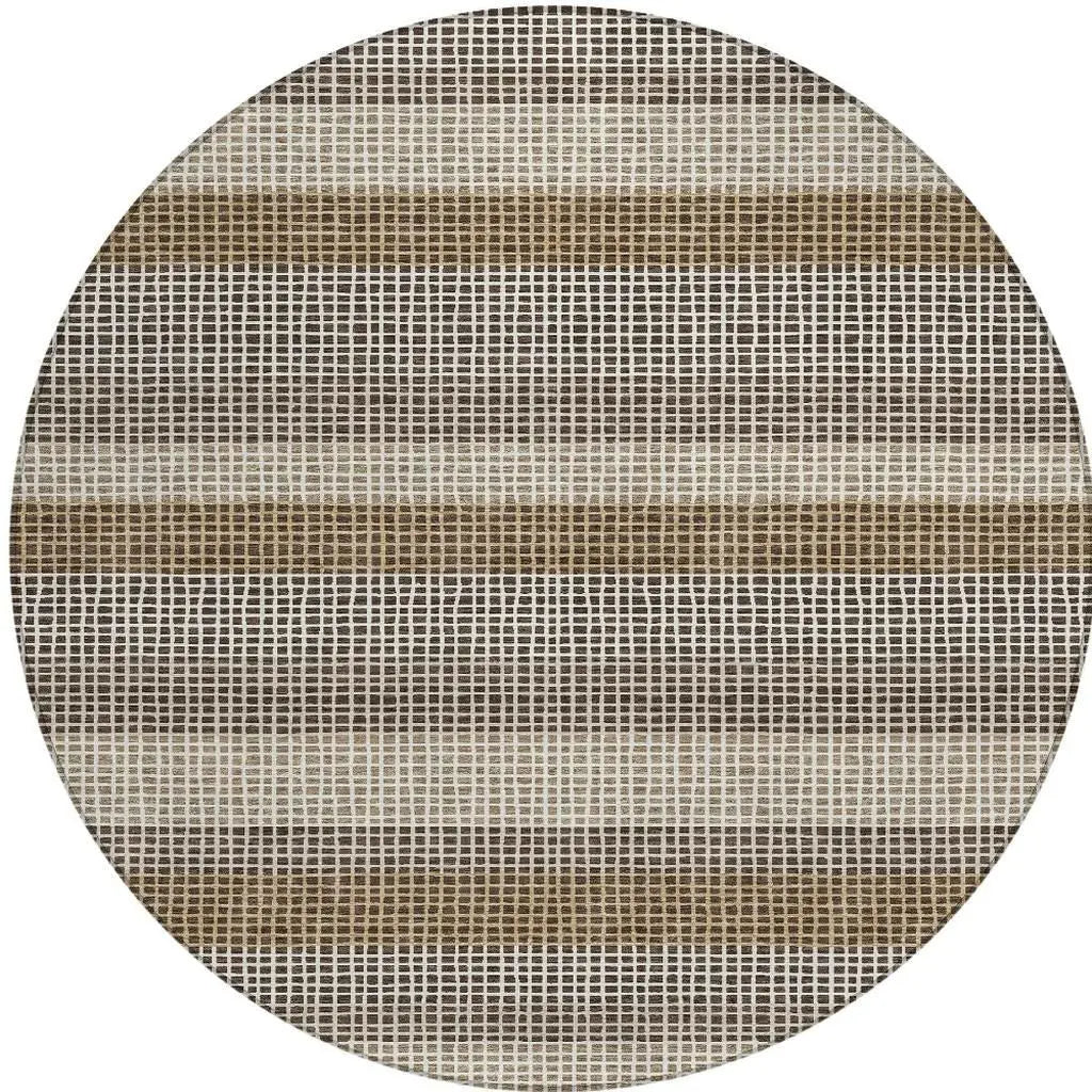 8' Chocolate And Ivory Round Striped Washable Indoor Outdoor Area Rug Homeroots Outdoor