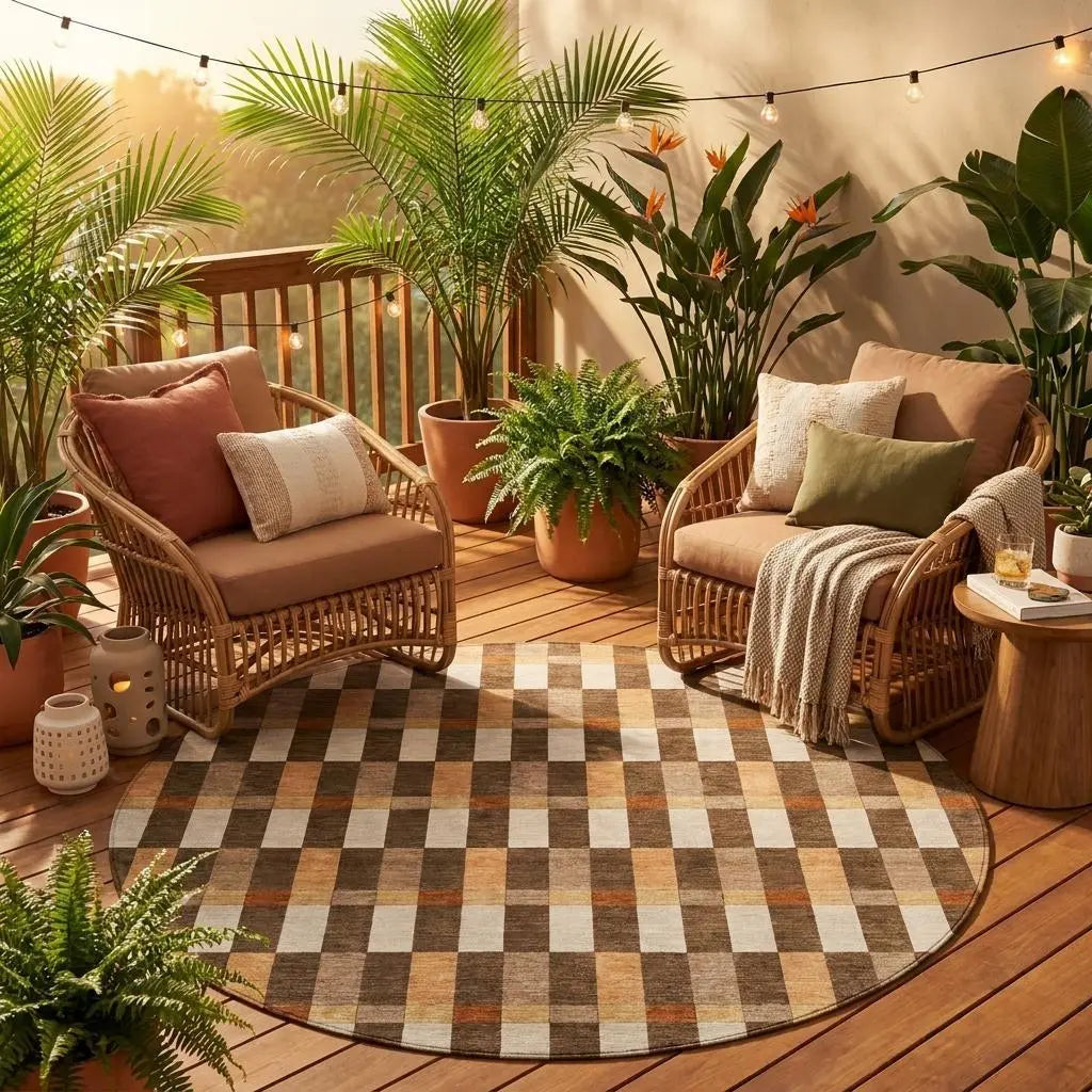8' Chocolate And Khaki Round Geometric Washable Indoor Outdoor Area Rug Homeroots Outdoor