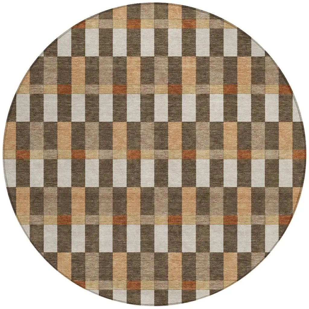 8' Chocolate And Khaki Round Geometric Washable Indoor Outdoor Area Rug Homeroots Outdoor