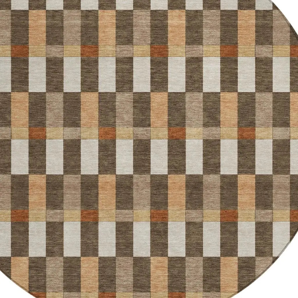 8' Chocolate And Khaki Round Geometric Washable Indoor Outdoor Area Rug Homeroots Outdoor
