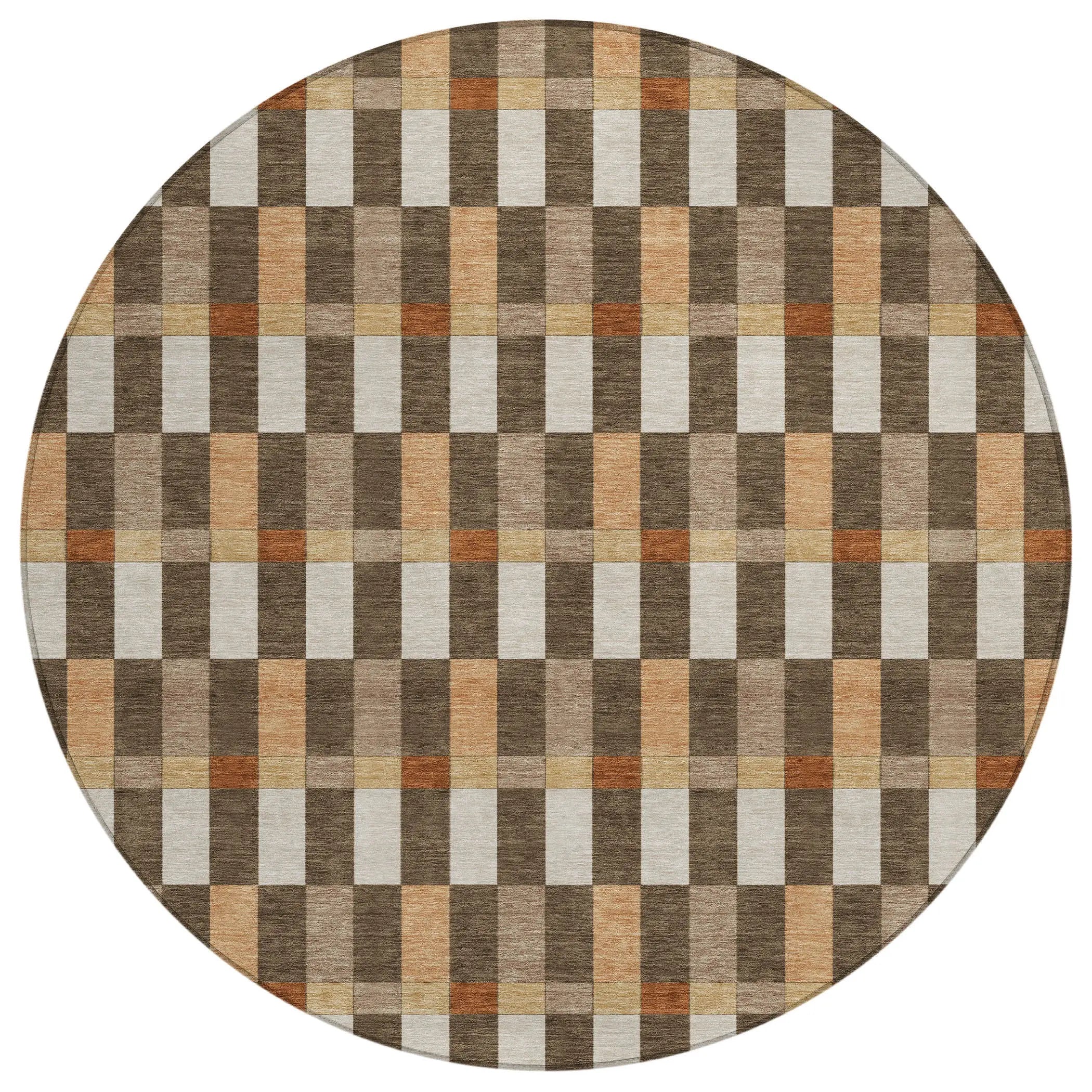 8' Chocolate And Khaki Round Geometric Washable Indoor Outdoor Area Rug Homeroots Outdoor