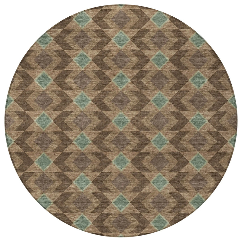 8' Chocolate And Navy Blue Round Geometric Washable Indoor Outdoor Area Rug Homeroots Outdoor