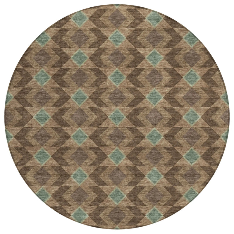 8' Chocolate And Navy Blue Round Geometric Washable Indoor Outdoor Area Rug Homeroots Outdoor