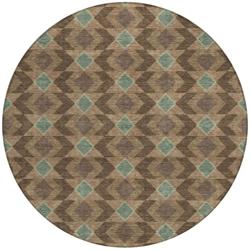 8' Chocolate And Navy Blue Round Geometric Washable Indoor Outdoor Area Rug Homeroots Outdoor