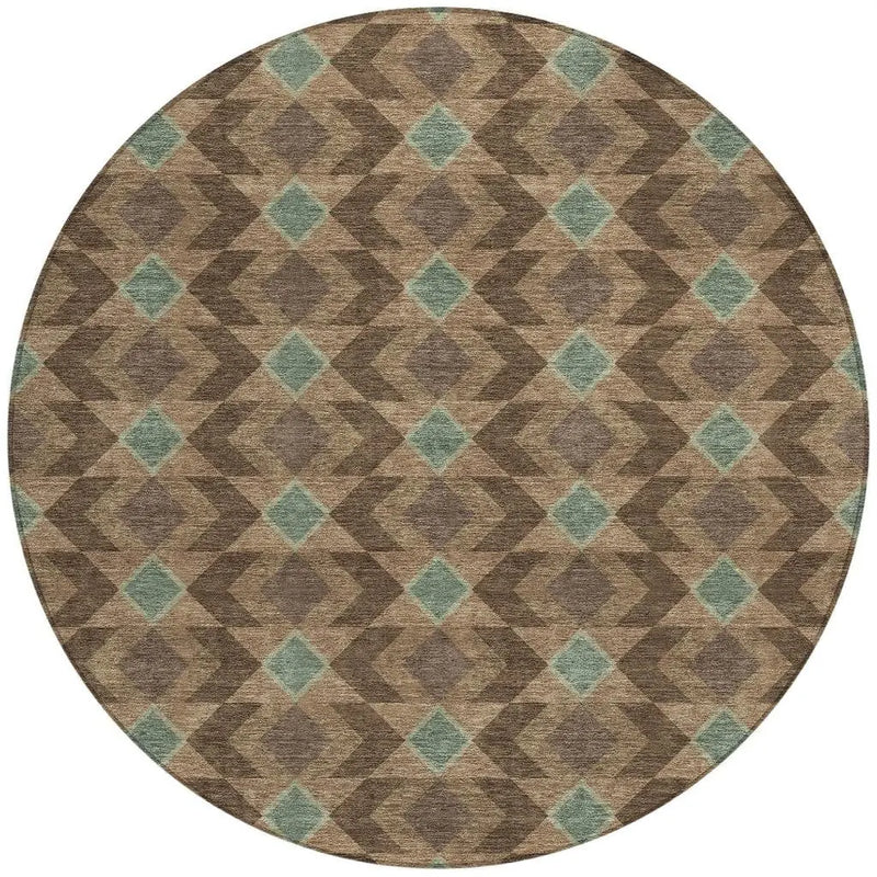 8' Chocolate And Navy Blue Round Geometric Washable Indoor Outdoor Area Rug Homeroots Outdoor