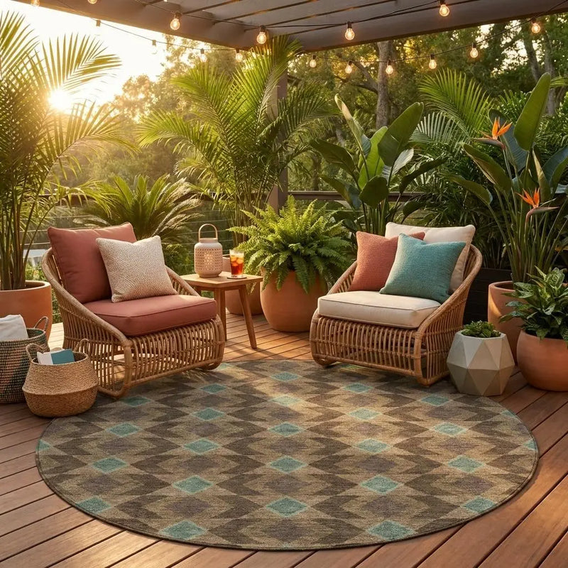 8' Chocolate And Navy Blue Round Geometric Washable Indoor Outdoor Area Rug Homeroots Outdoor