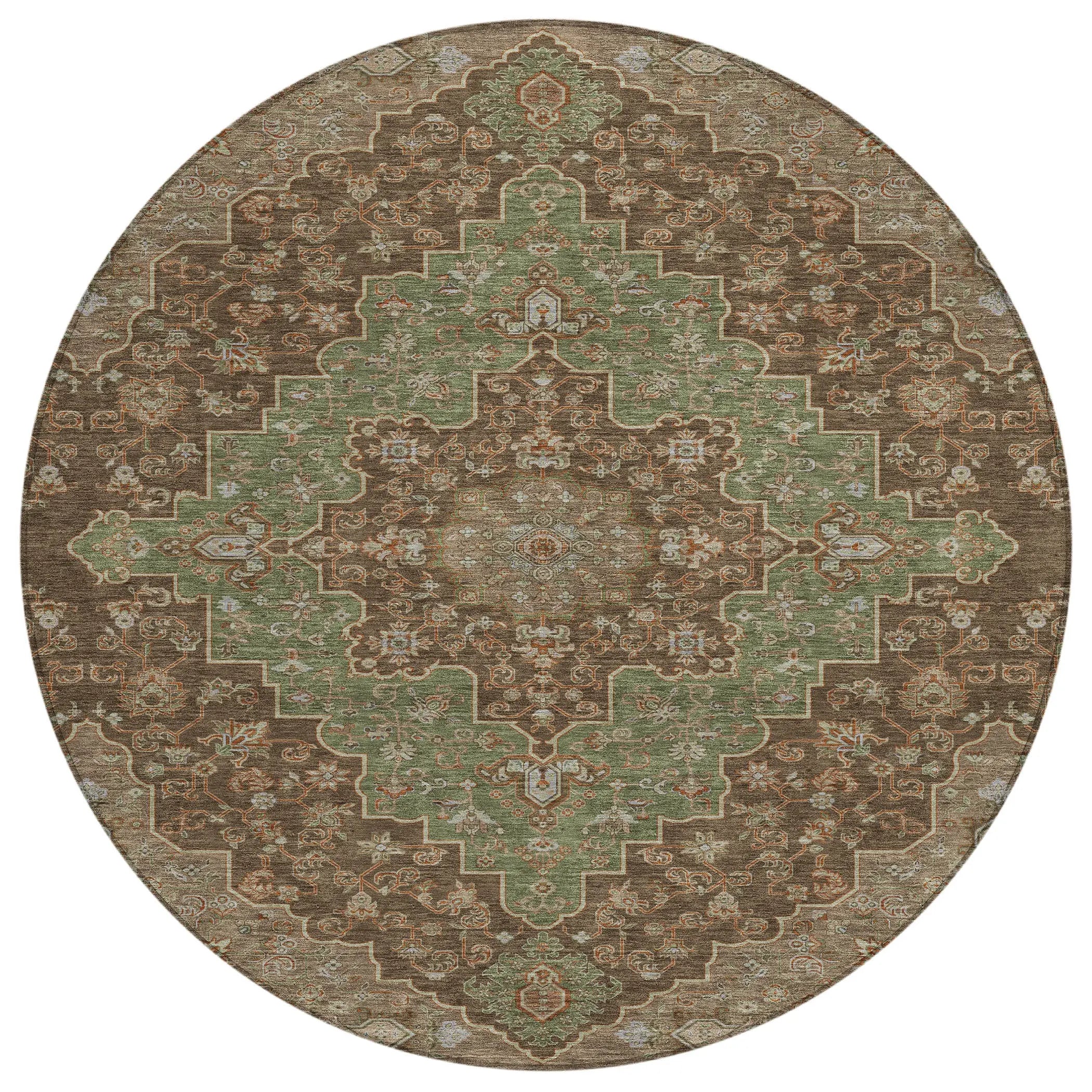 8' Chocolate And Olive Green Round Medallion Washable Indoor Outdoor Area Rug Homeroots Outdoor