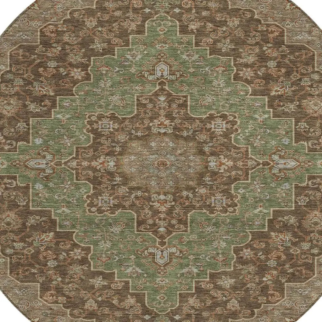 8' Chocolate And Olive Green Round Medallion Washable Indoor Outdoor Area Rug Homeroots Outdoor