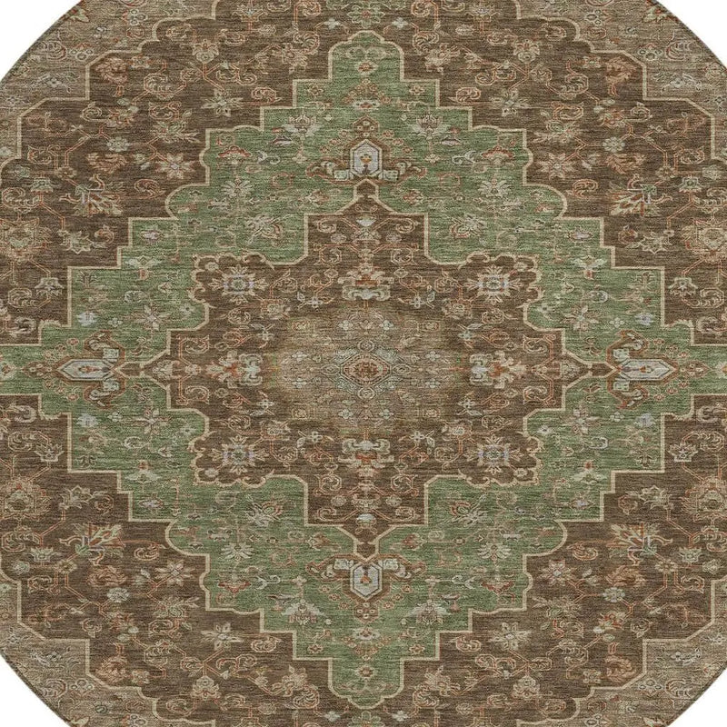 8' Chocolate And Olive Green Round Medallion Washable Indoor Outdoor Area Rug Homeroots Outdoor
