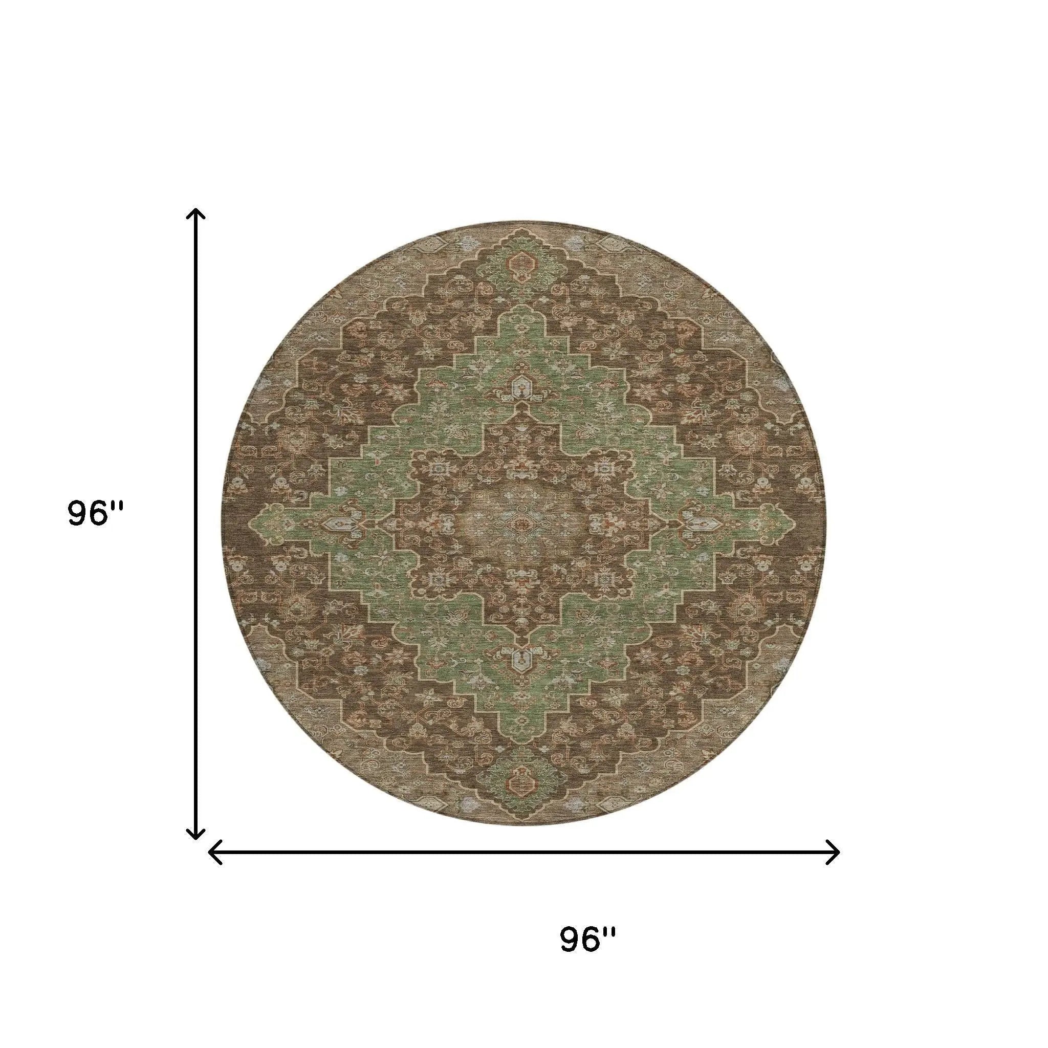 8' Chocolate And Olive Green Round Medallion Washable Indoor Outdoor Area Rug Homeroots Outdoor